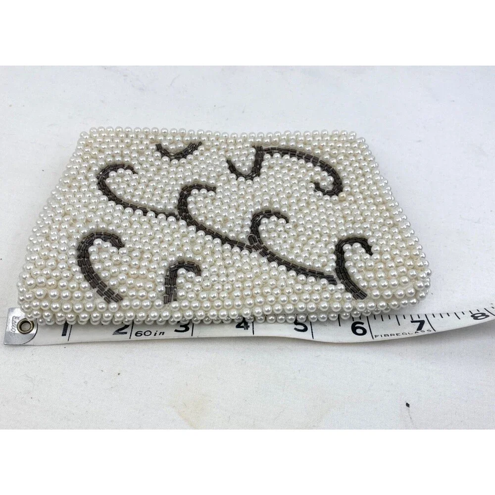 Vintage 1960s Emson White Glass Beaded Small Clutch Zip Hand Made Formal Wedding
